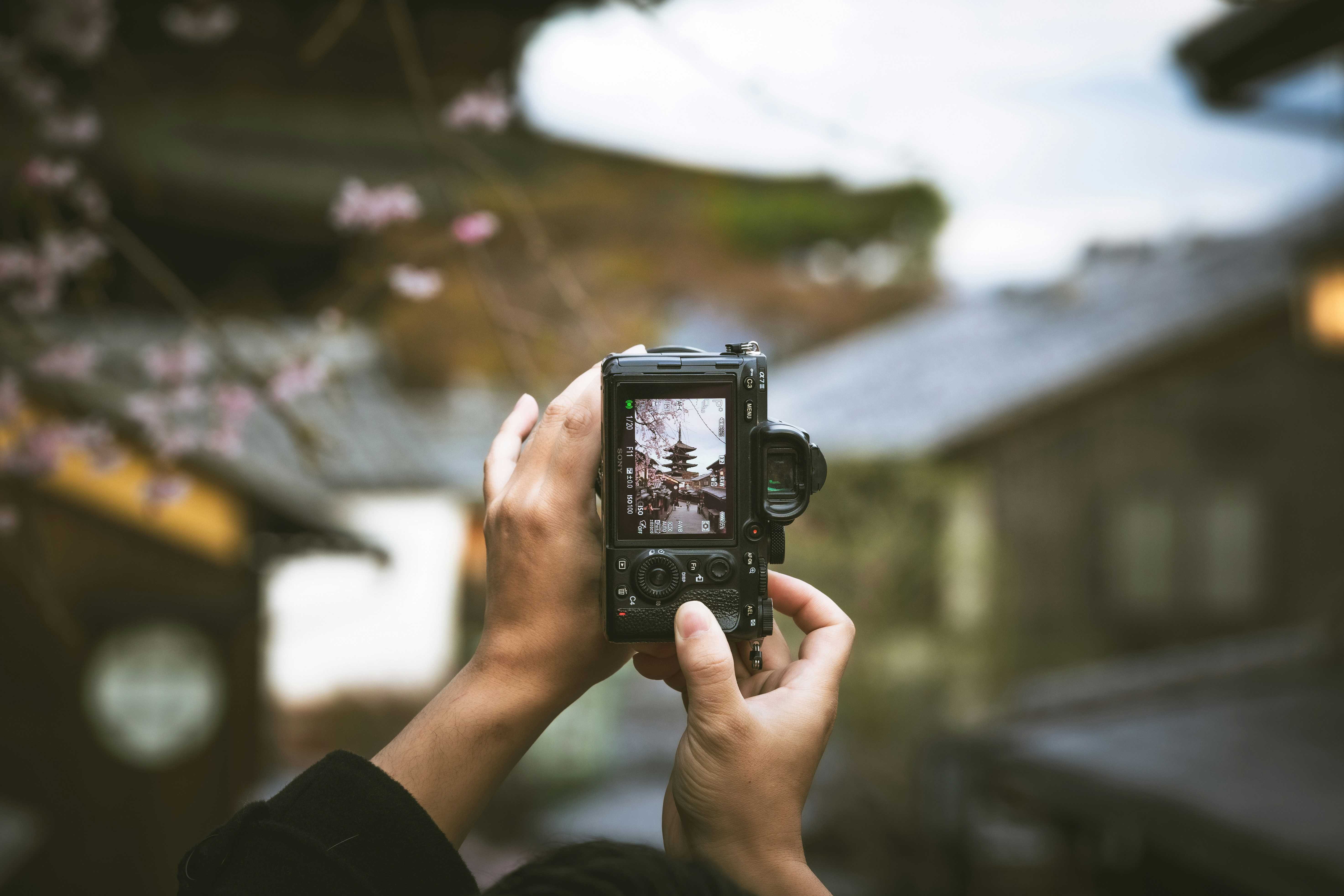 A person taking a photo of monument from a digital camera